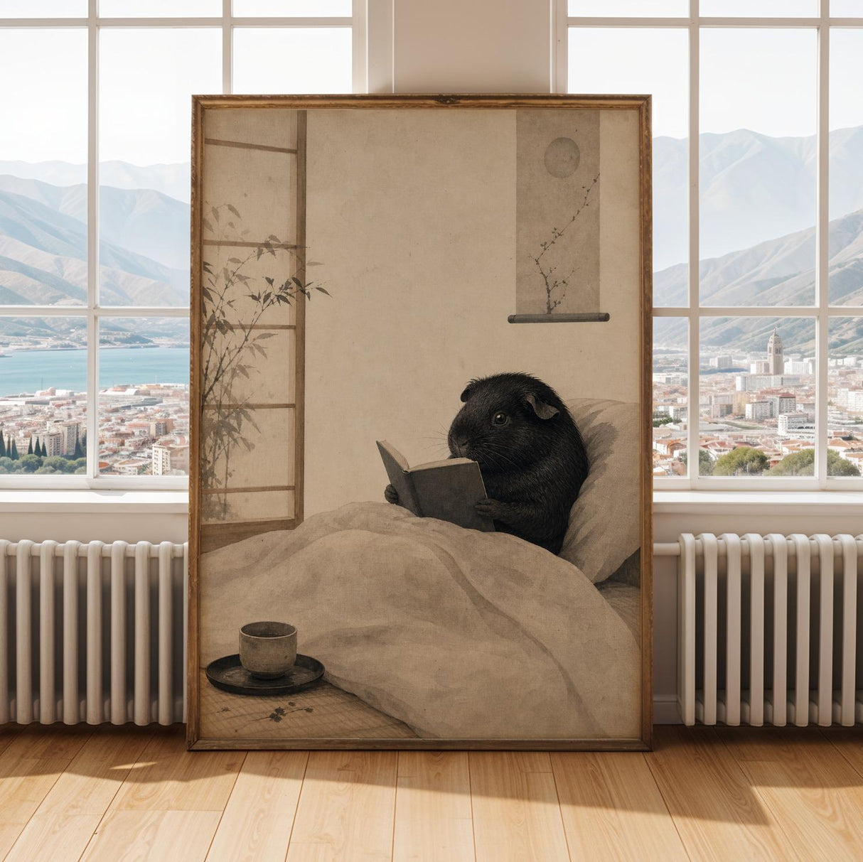 Alternate gallery view of Black Guinea Pig Reading in Bed Poster.