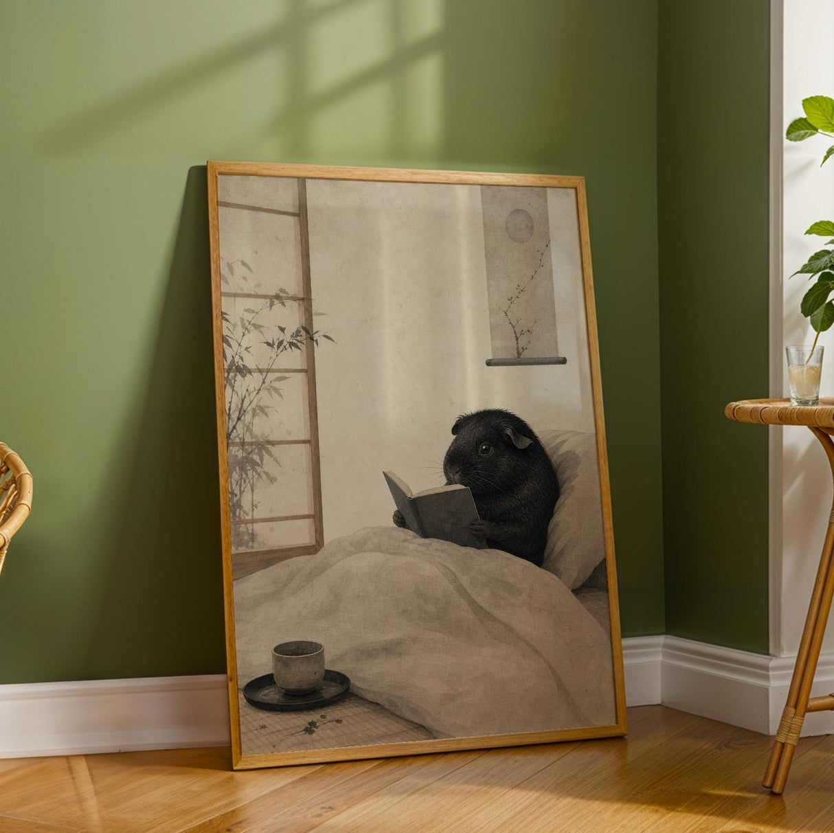 Additional product detail of Black Guinea Pig Reading in Bed Poster.