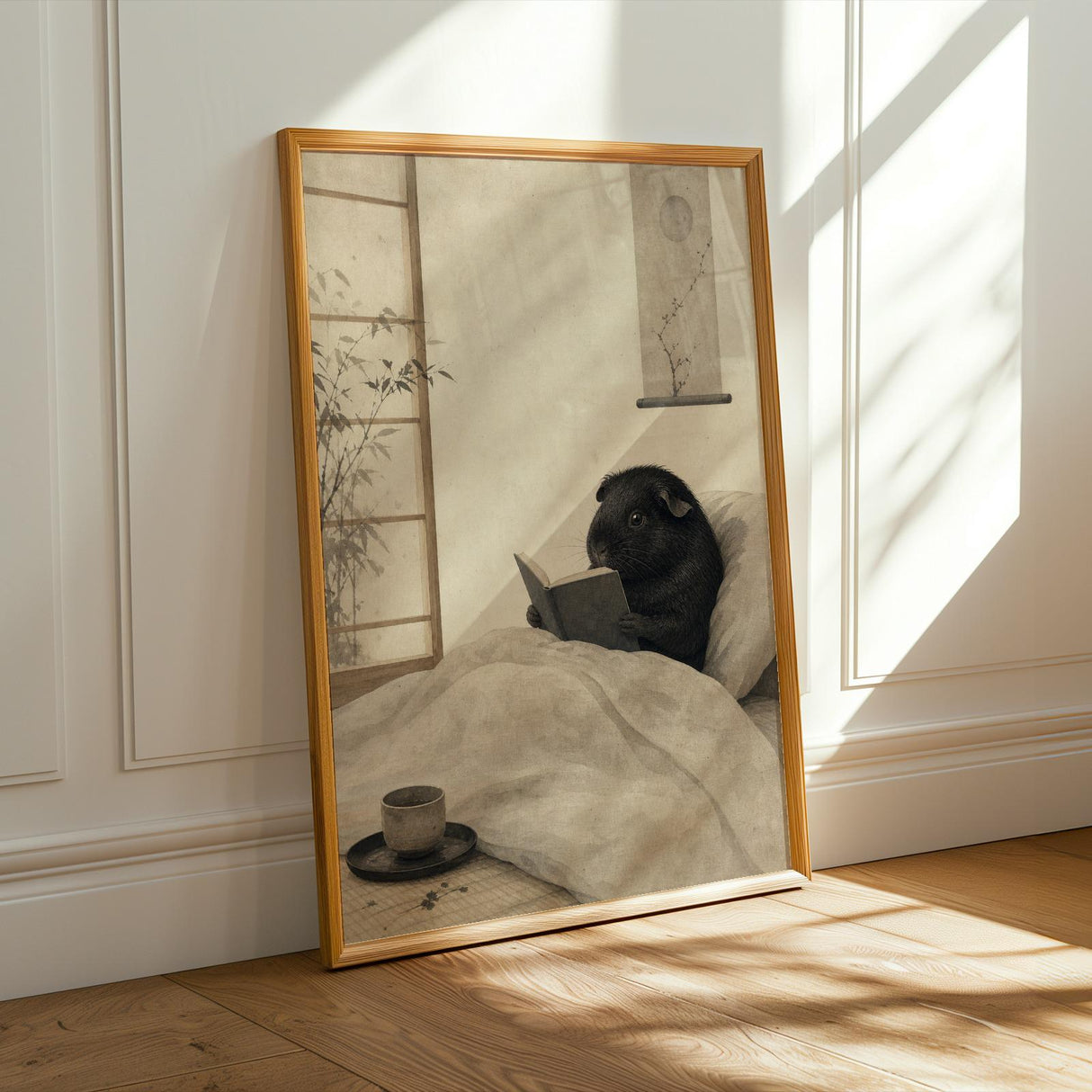 Alternate product presentation of Black Guinea Pig Reading in Bed Poster.