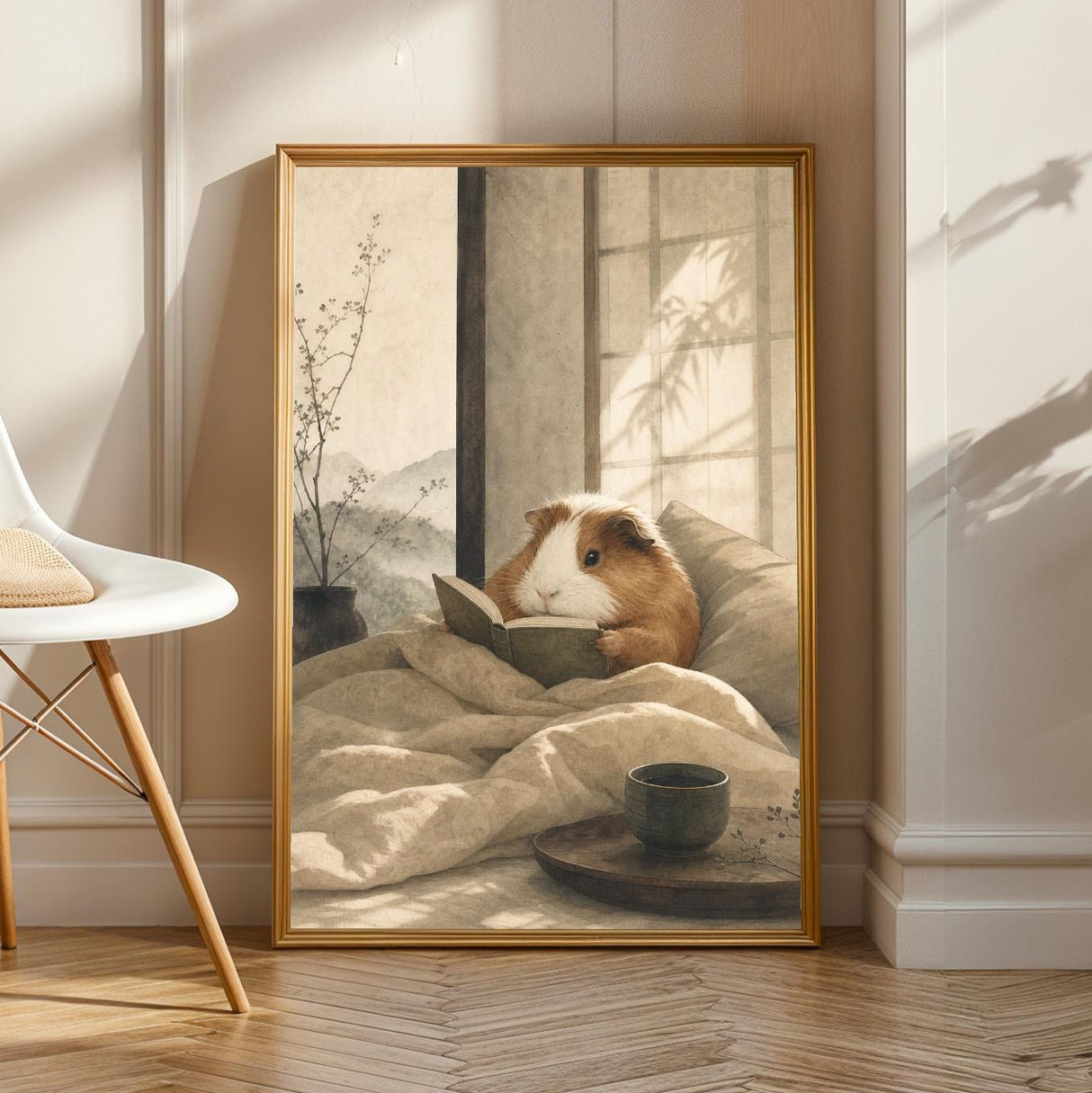 Product view of Coronet Guinea Pig Reading in Bed Poster.