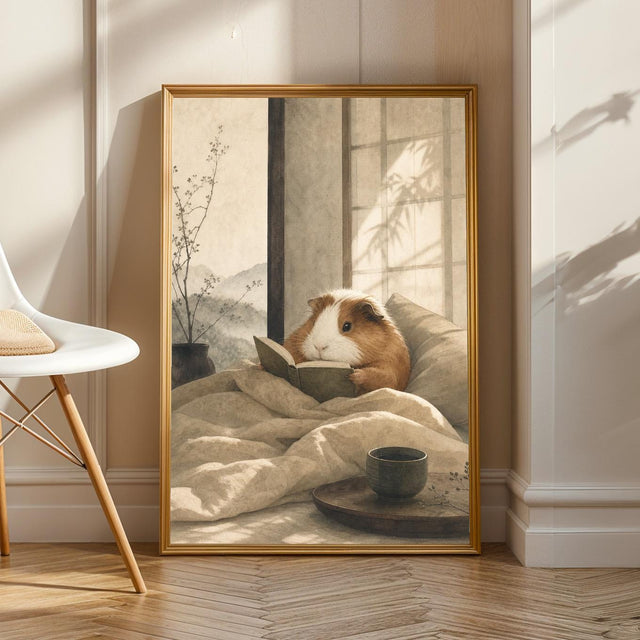 Product view of Coronet Guinea Pig Reading in Bed Poster.