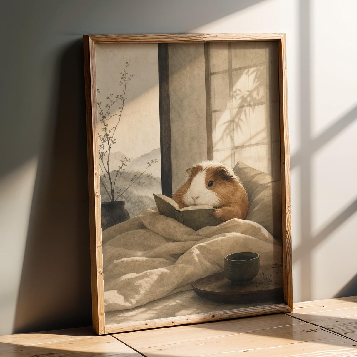 Product presentation view of Coronet Guinea Pig Reading in Bed Poster.