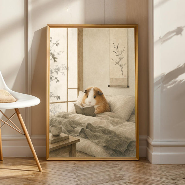 Product view of Teddy Guinea Pig Reading in Bed Poster.
