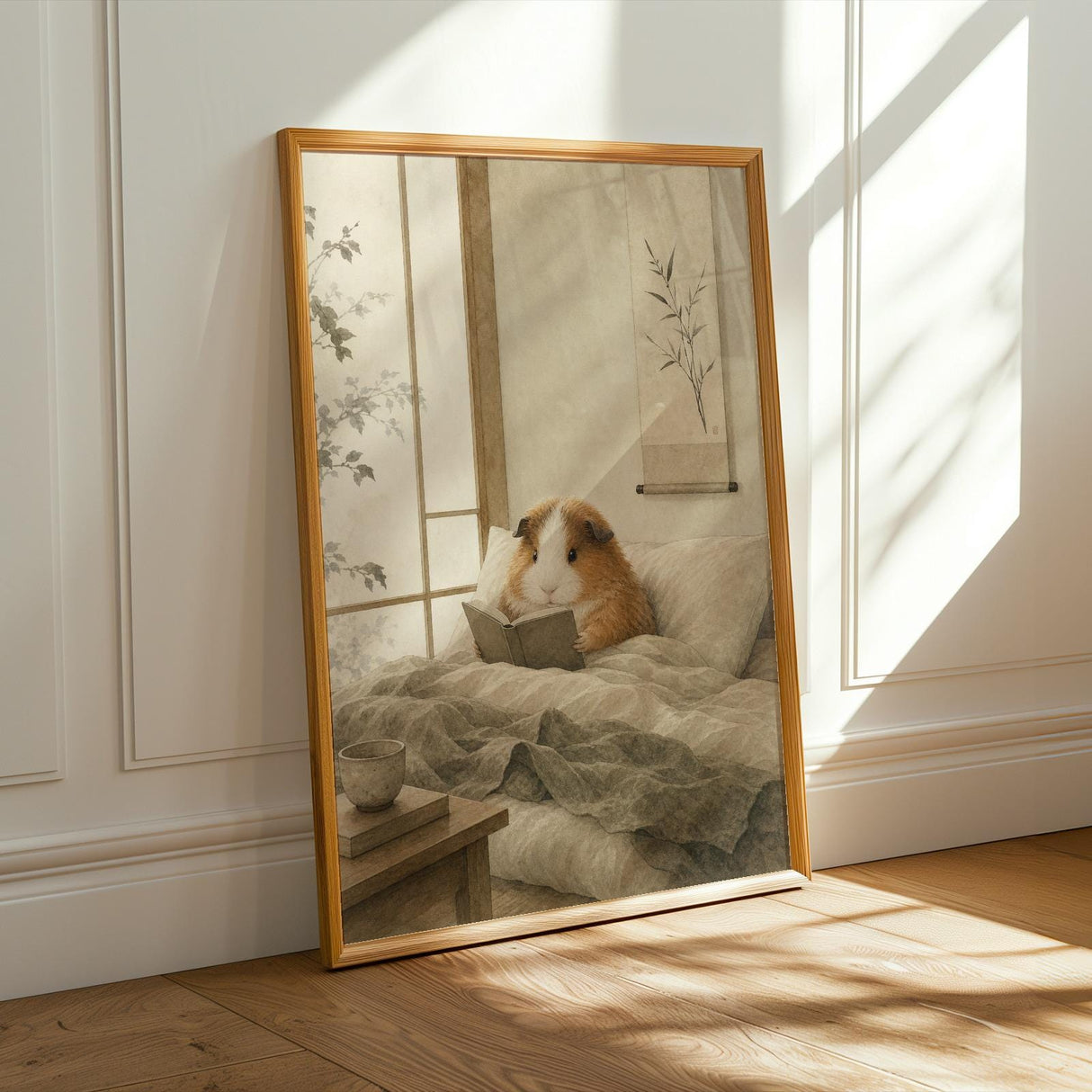 Alternate product presentation of Teddy Guinea Pig Reading in Bed Poster.