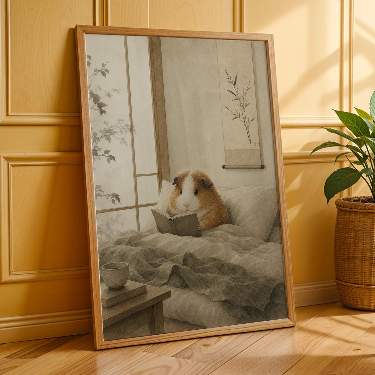 Additional product presentation of Teddy Guinea Pig Reading in Bed Poster.