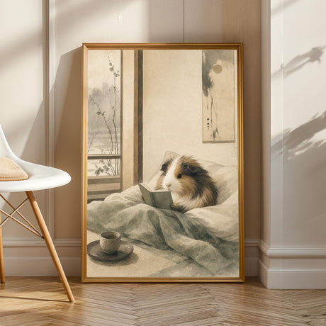 Product view of Sheltie Guinea Pig Reading in Bed Poster.