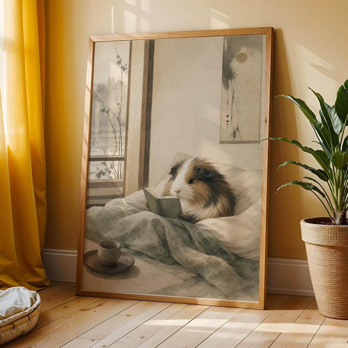 Additional product view of Sheltie Guinea Pig Reading in Bed Poster.