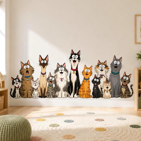 Cartoon group of happy cats sitting in a row with different colors and patterns and wearing cute collars.