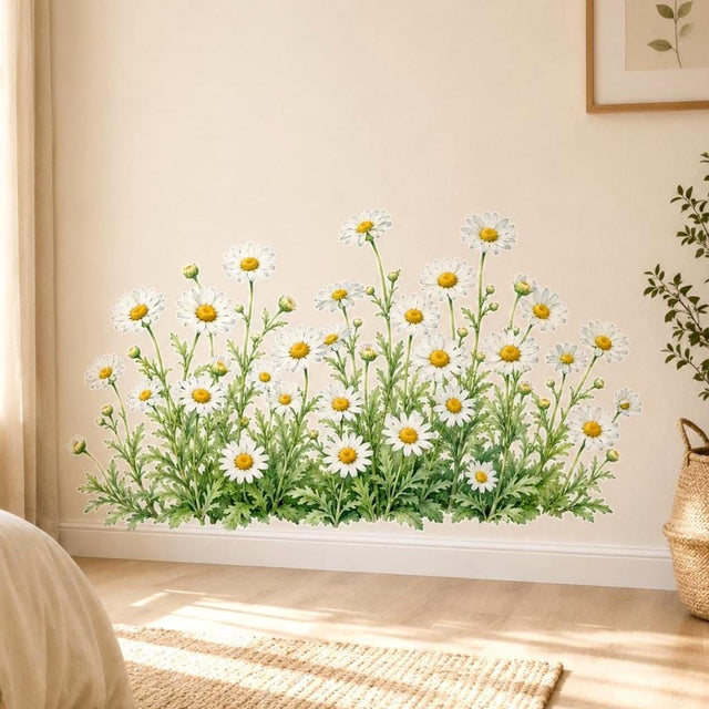 Watercolor wall vinyl decal of a chamomile (kummel) patch with white daisies, yellow centers and green stems.
