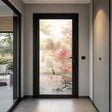 Etched frosted glass door decal with soft pink cherry blossoms and branches, a small bird detail.