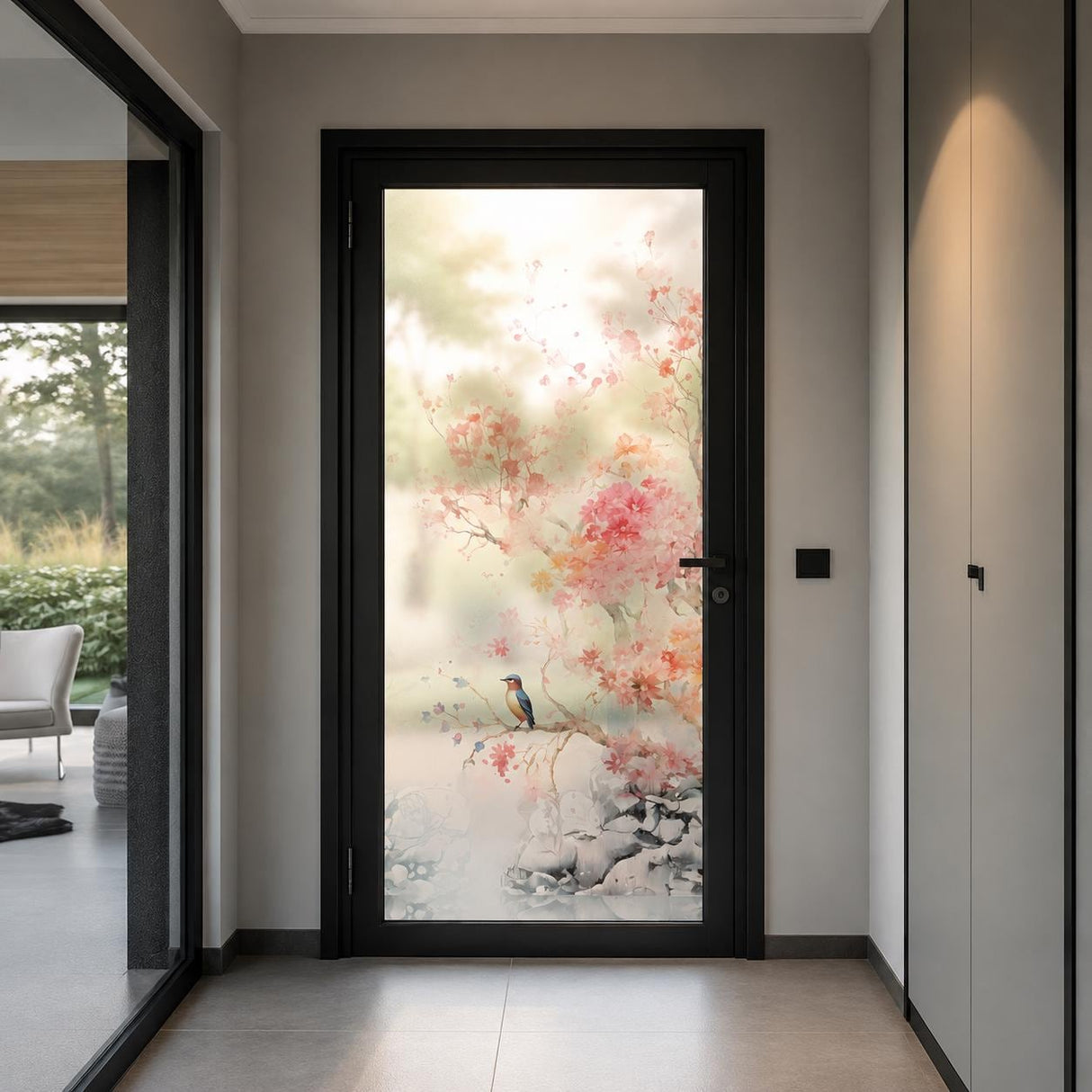 Etched frosted glass door decal with soft pink cherry blossoms and branches, a small bird detail.