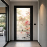 Etched frosted glass door decal with soft pink cherry blossoms and branches, a small bird detail.
