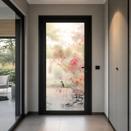 Etched frosted glass door decal with soft pink cherry blossoms and branches, a small bird detail.