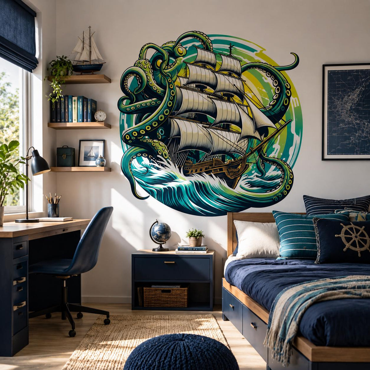 Product presentation view of Kraken Pirate Ship Wall Vinyl Decal.
