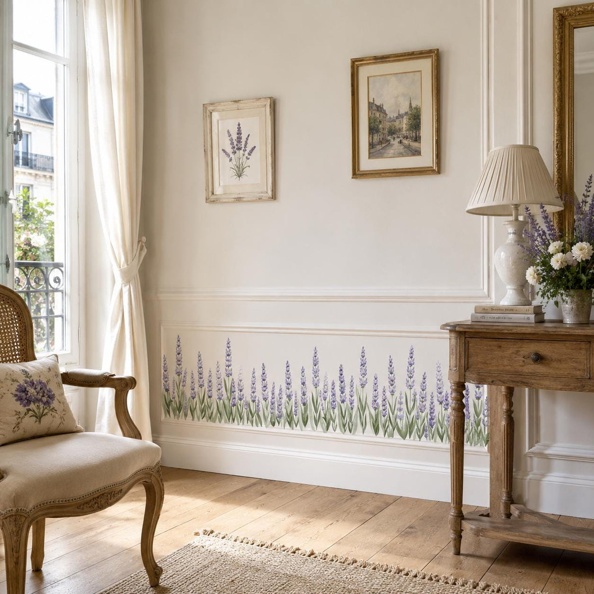 Lavender Border Wall Vinyl Decal displayed in a room setting.