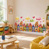 Colorful Watercolor Houses Wall Vinyl Decal displayed in a room setting.
