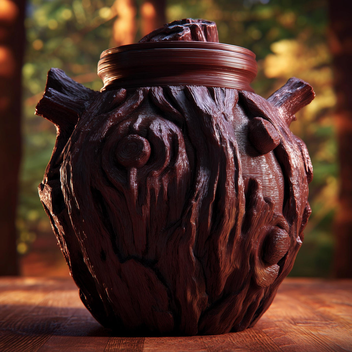3D printed goblincore woodland memorial urn with tree bark texture and branch details.
