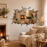 Reading frog wall decal with a cozy broken-wall visual illusion.