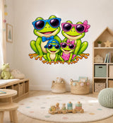 Cute frog family wall vinyl decal with two adult frogs and two small frogs wearing sunglasses and playful accessories.