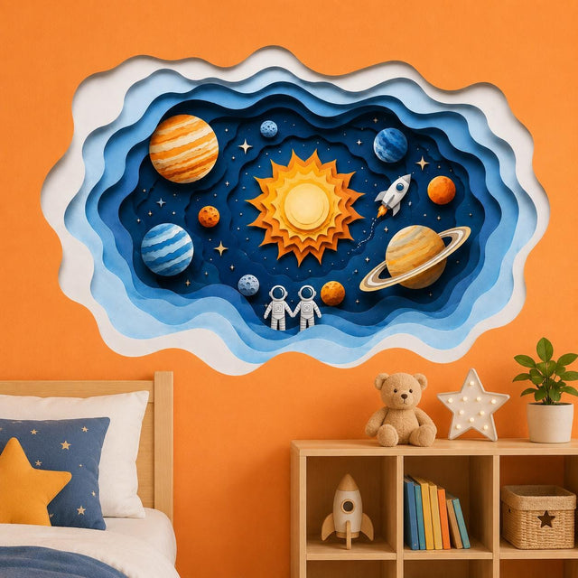 Layered paper-cut style solar system wall vinyl decal with planets, sun and stars and rocket.