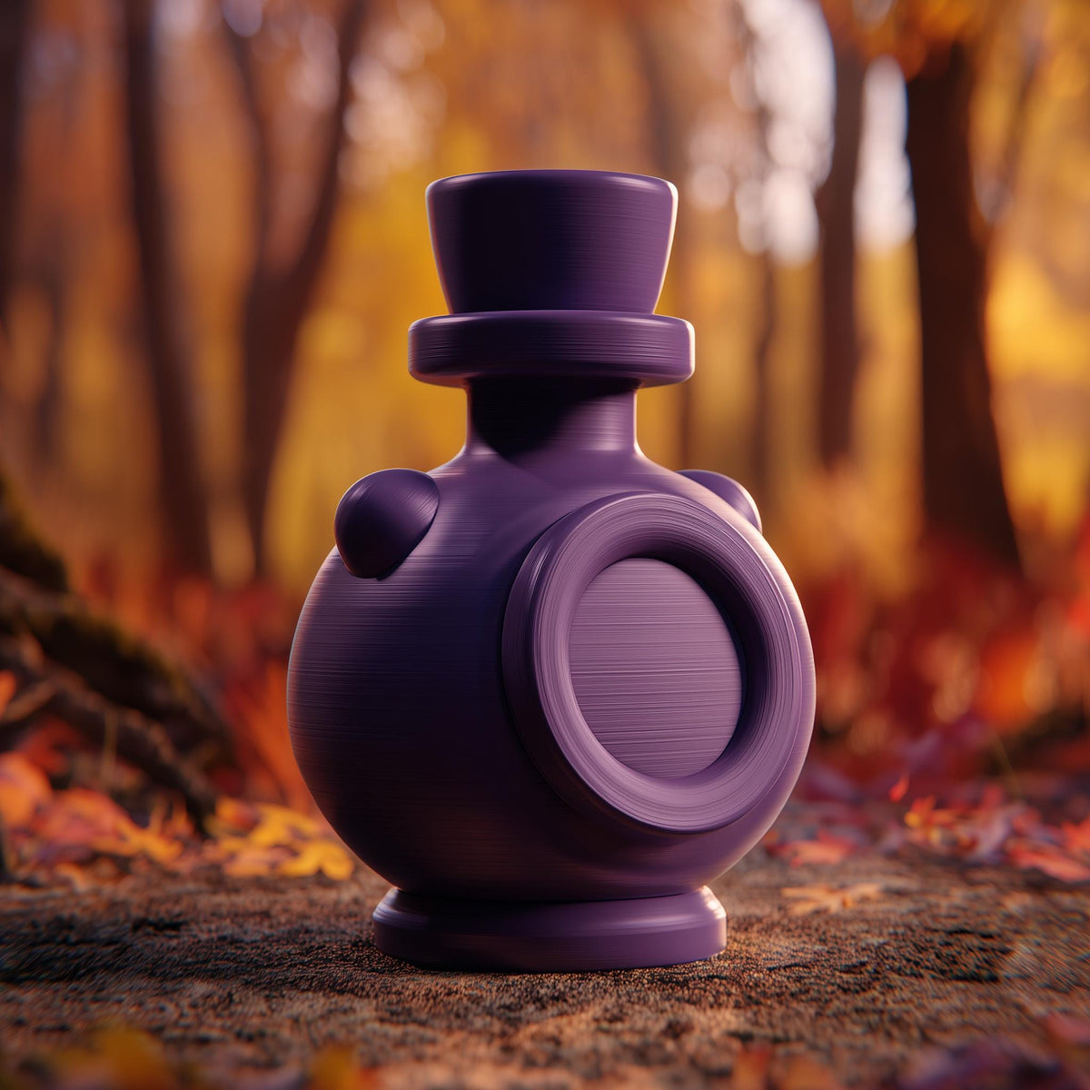 3D printed dark goblincore memorial urn with potion bottle shape and removable lid displayed in an autumn woodland setting.