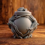 3D printed goblincore woodland memorial urn with sculpted twisting roots and organic forest details.