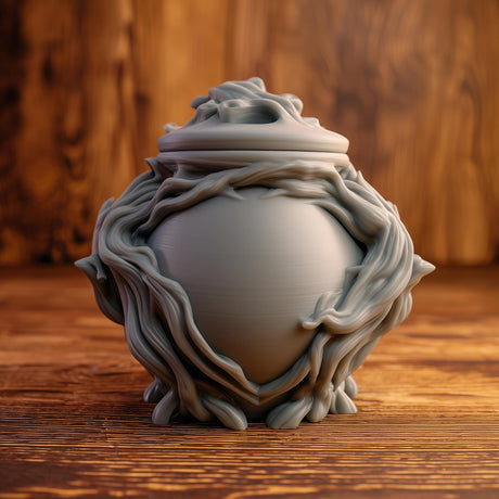3D printed goblincore woodland memorial urn with sculpted twisting roots and organic forest details.