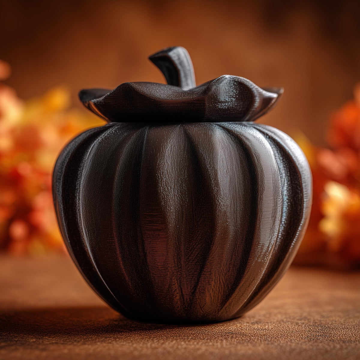 3D printed goblincore pumpkin memorial urn with removable lid displayed on an autumn-themed shelf surrounded by warm autumn decor.