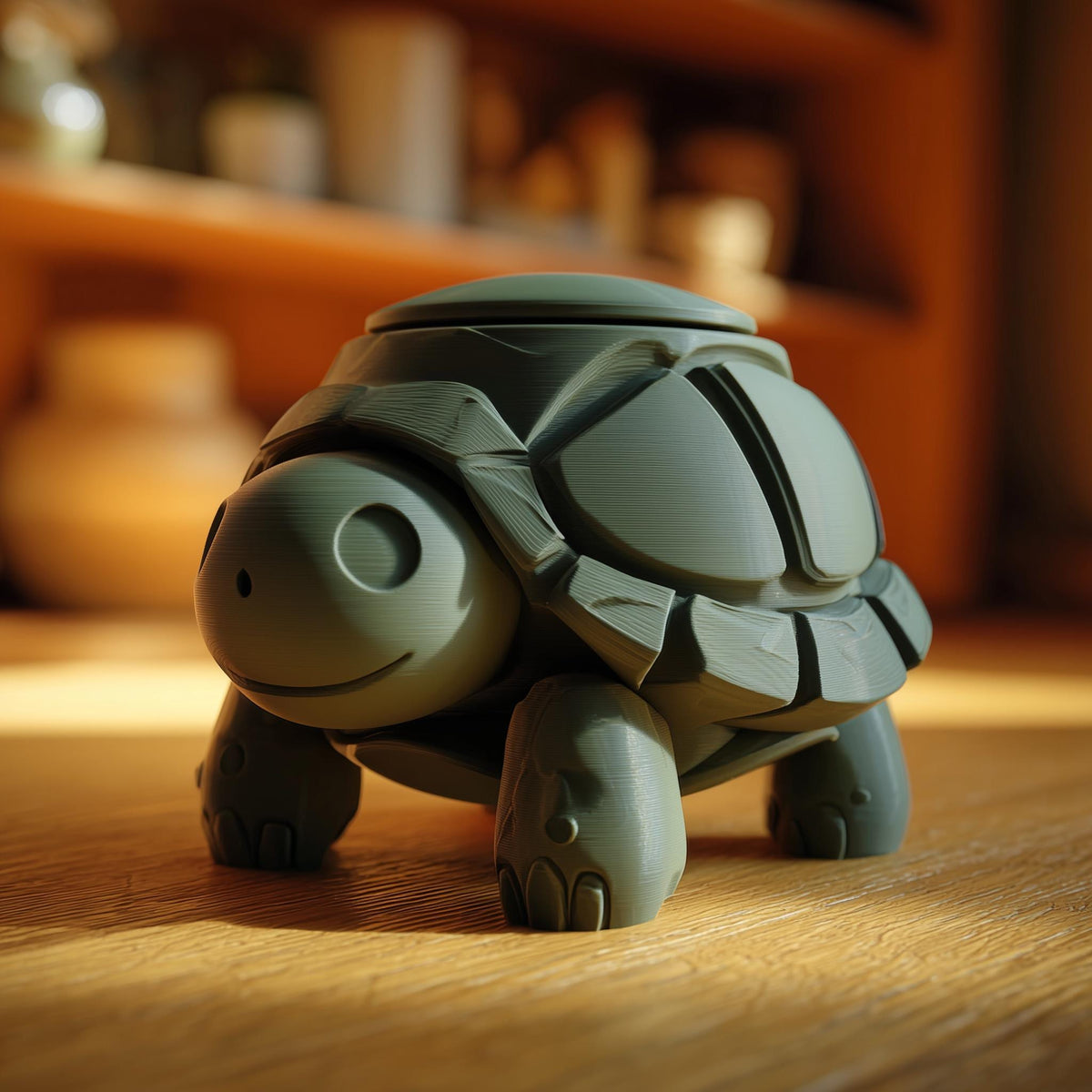 3D printed turtle memorial urn with removable lid and shell details displayed on a wooden table in warm indoor lighting.