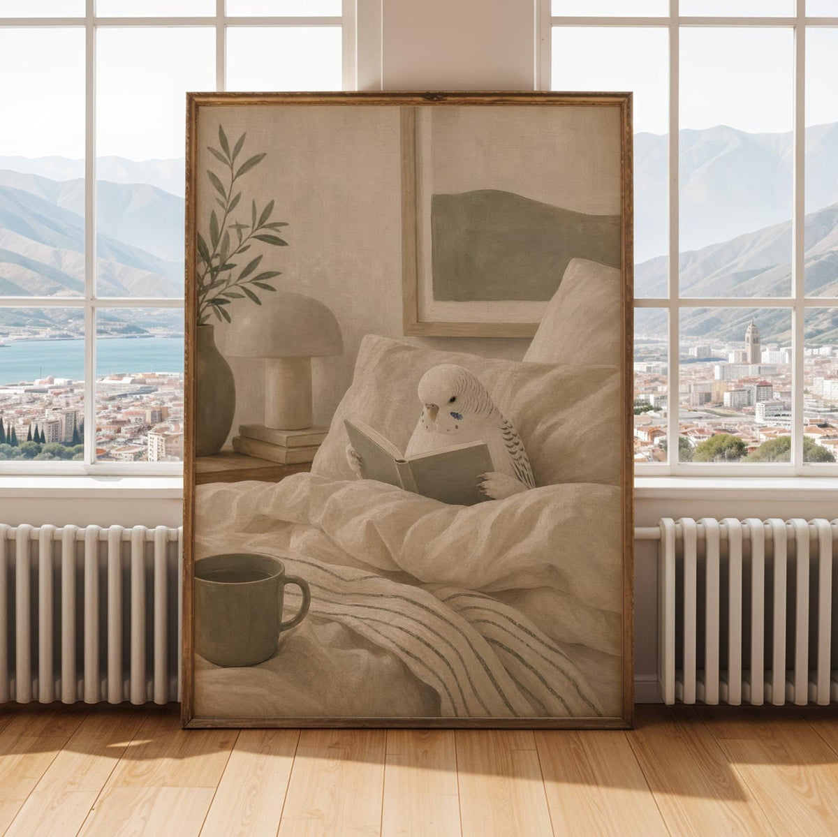 Alternate gallery view of White Budgerigar Reading in Bed Poster.