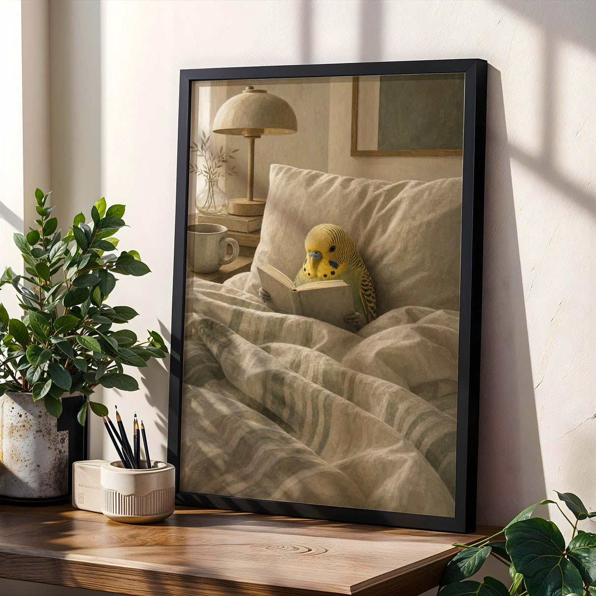 Product gallery view of Yellowface Budgerigar Reading in Bed Poster.