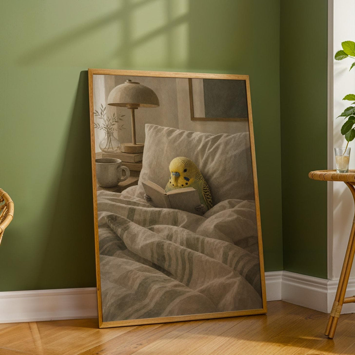 Additional product detail of Yellowface Budgerigar Reading in Bed Poster.