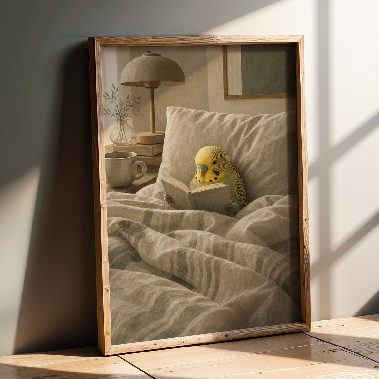 Product presentation view of Yellowface Budgerigar Reading in Bed Poster.