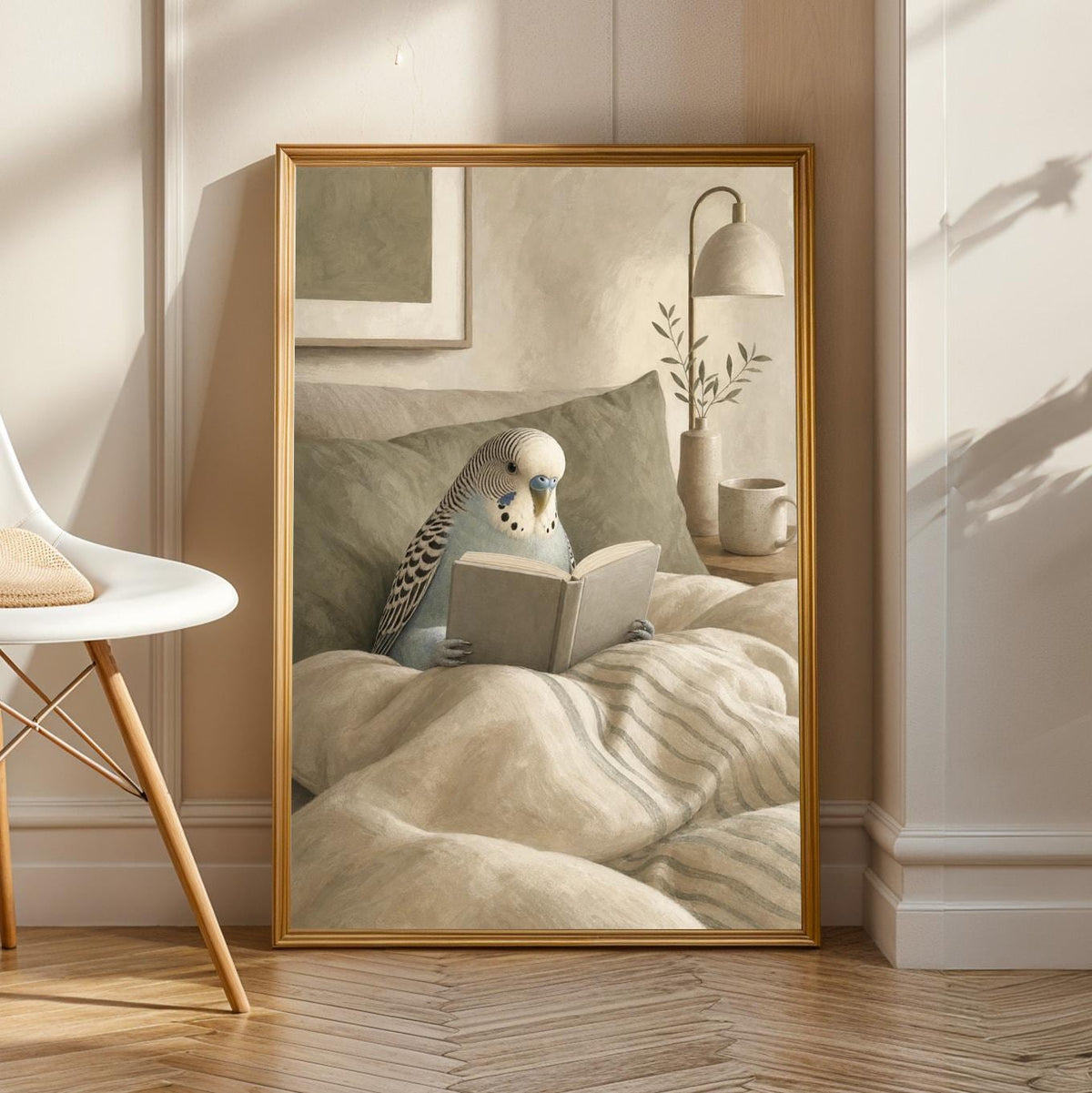 Product view of English Budgerigar Reading in Bed Poster.