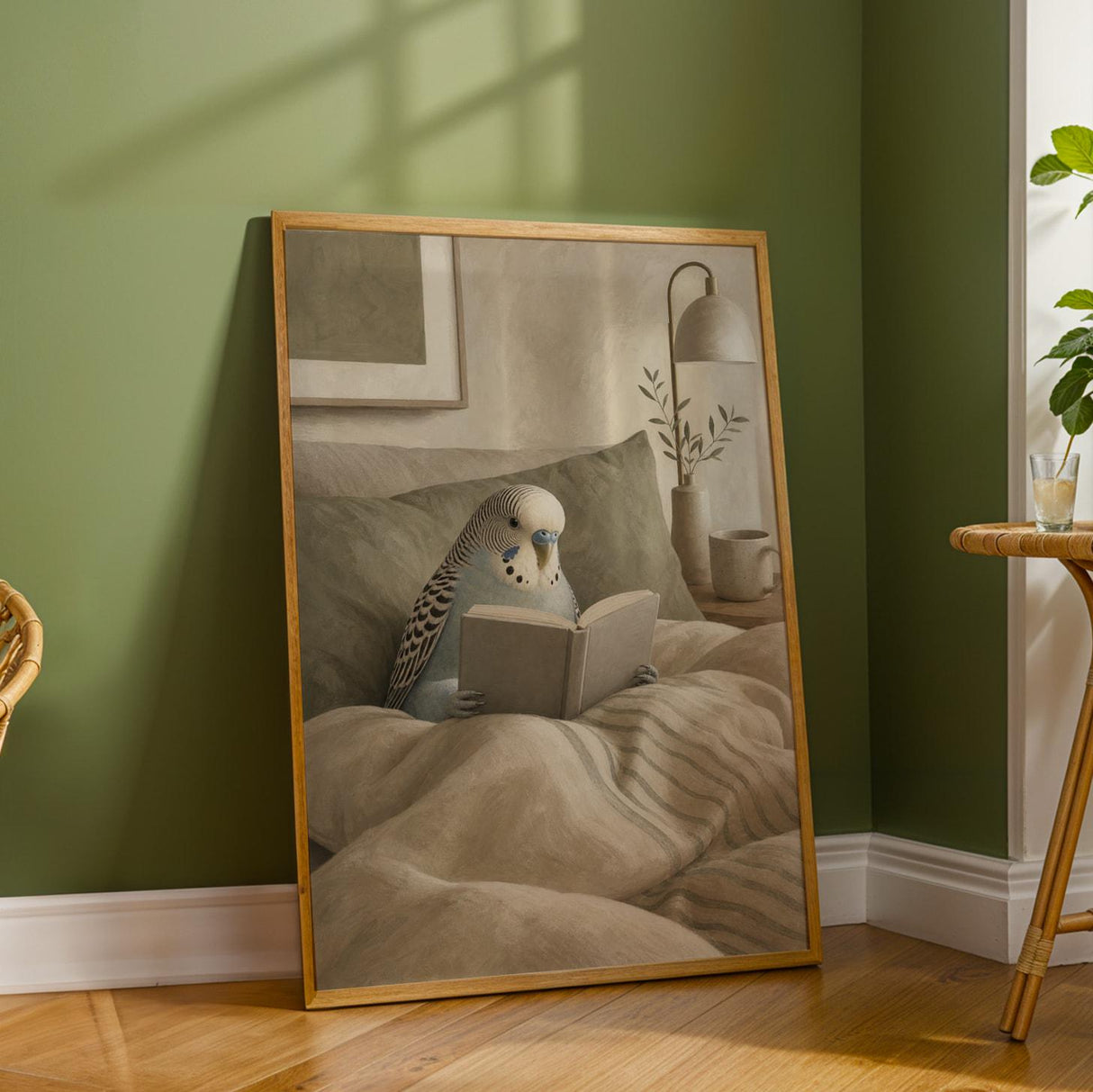 Additional product detail of English Budgerigar Reading in Bed Poster.