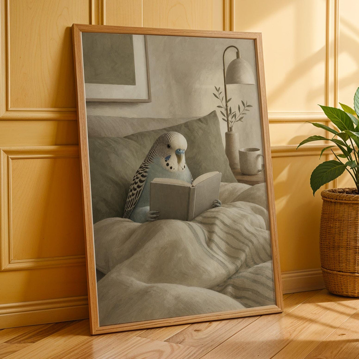 Additional product presentation of English Budgerigar Reading in Bed Poster.