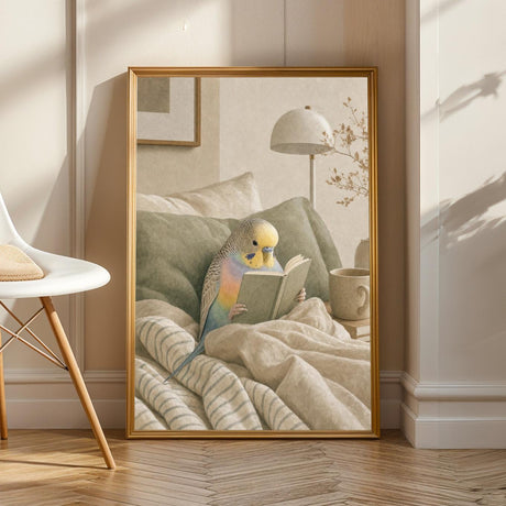 Product view of Rainbow Budgerigar Reading in Bed Poster.