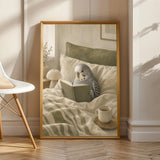 Product view of Grey Budgerigar Reading in Bed Poster.