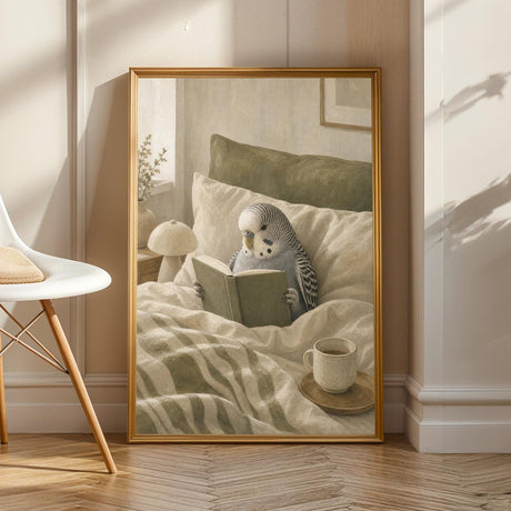 Product view of Grey Budgerigar Reading in Bed Poster.