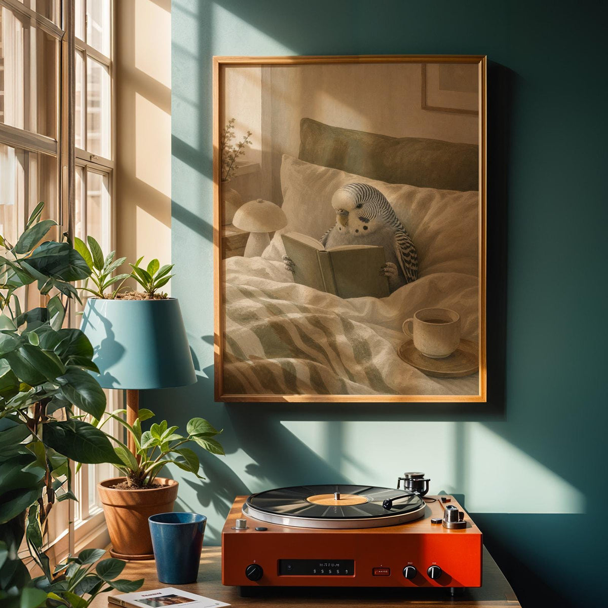 Alternate product view of Grey Budgerigar Reading in Bed Poster.