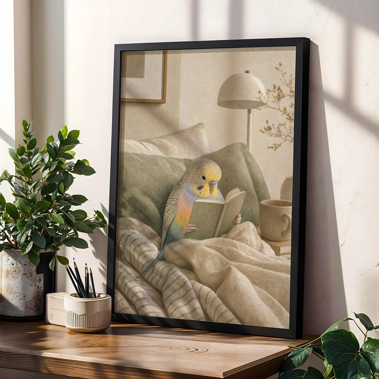 Product gallery view of Rainbow Budgerigar Reading in Bed Poster.