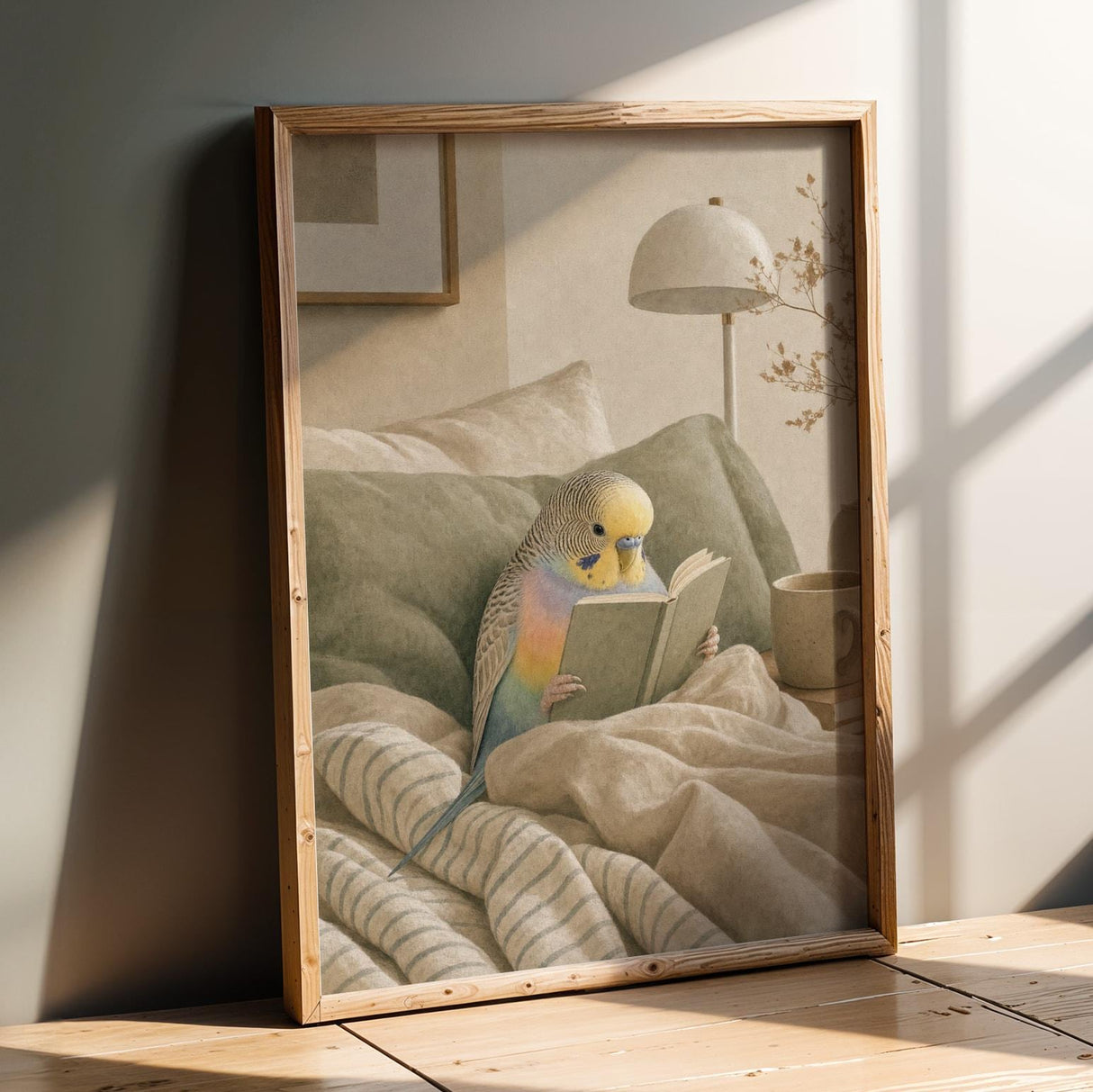 Product presentation view of Rainbow Budgerigar Reading in Bed Poster.