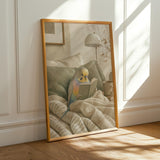 Alternate product presentation of Rainbow Budgerigar Reading in Bed Poster.