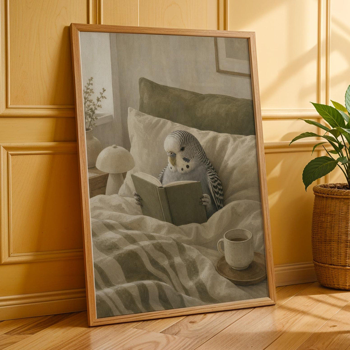 Additional product presentation of Grey Budgerigar Reading in Bed Poster.