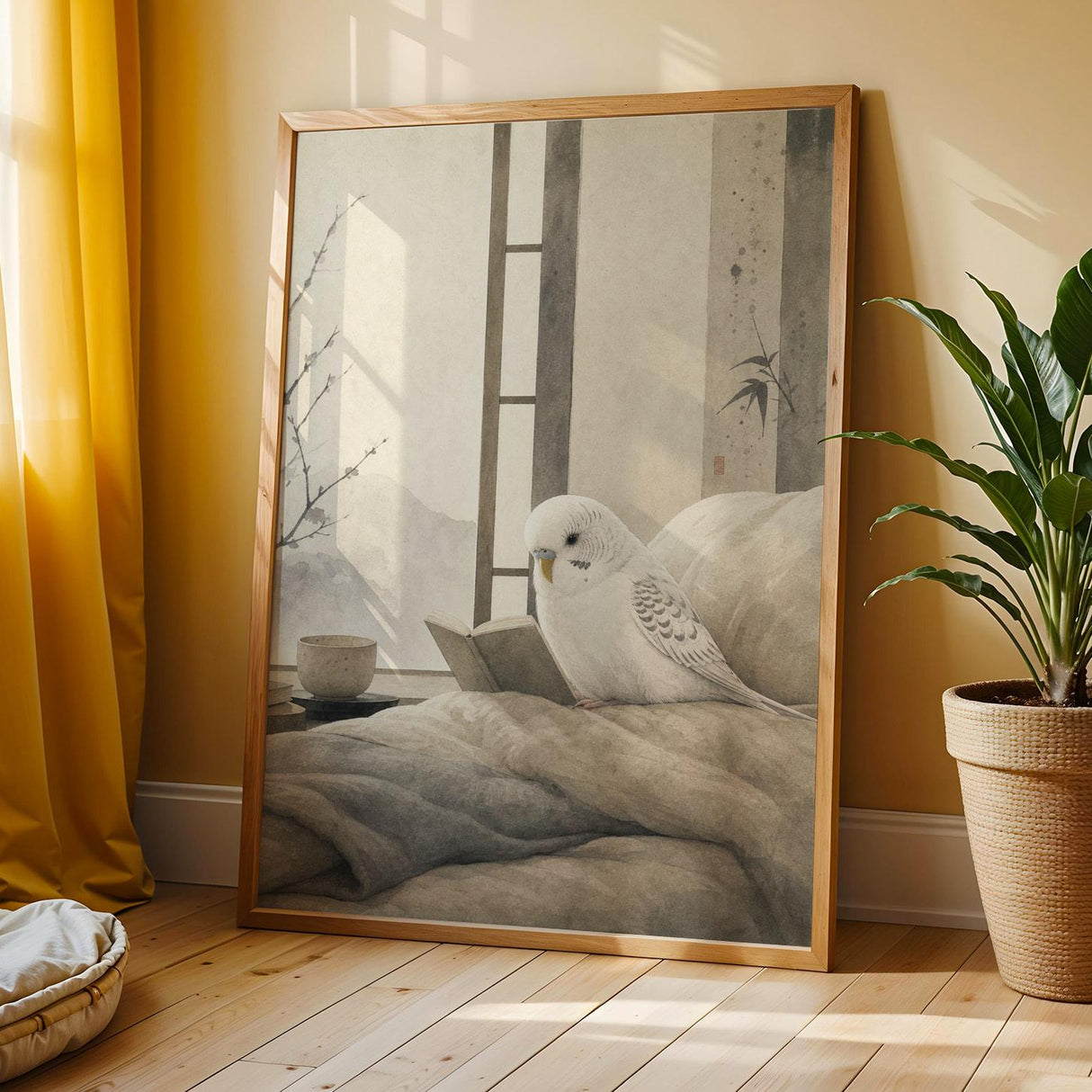 Additional product view of White Budgerigar Reading in Bed Poster.