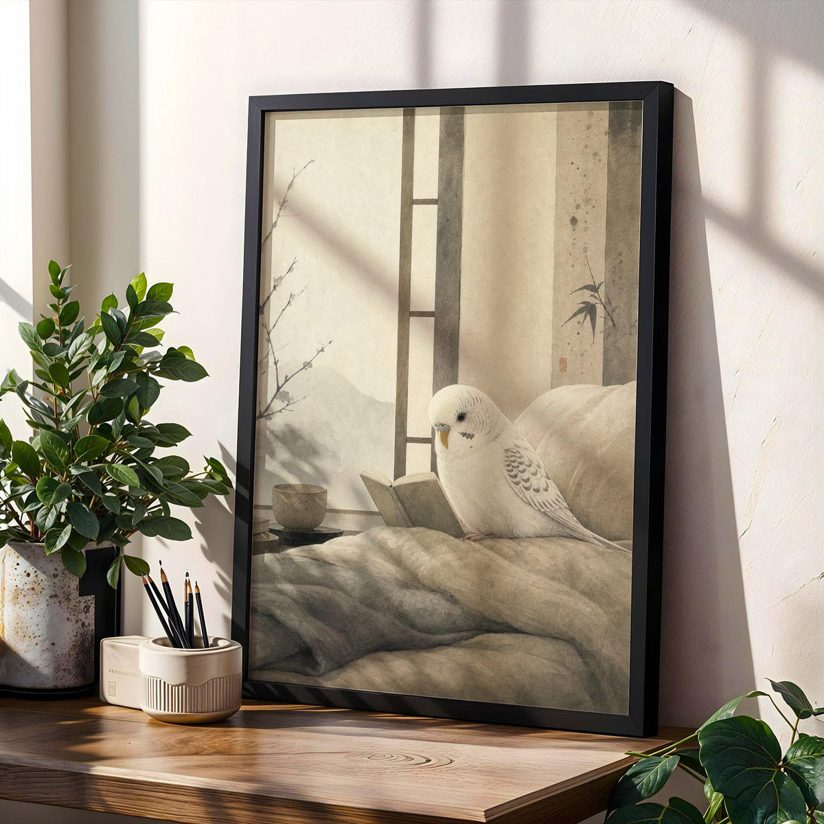 Product gallery view of White Budgerigar Reading in Bed Poster.