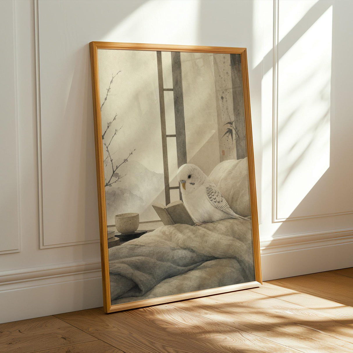 Alternate product presentation of White Budgerigar Reading in Bed Poster.