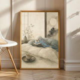 Product view of Sky Blue Budgerigar Reading in Bed Poster.