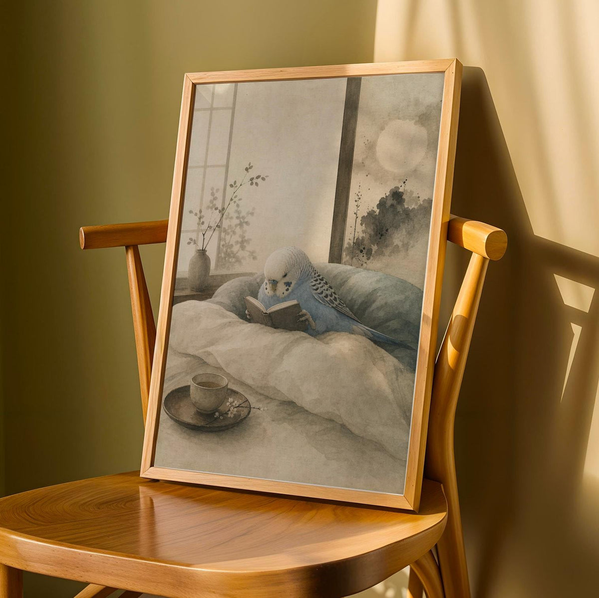 Product detail view of Sky Blue Budgerigar Reading in Bed Poster.