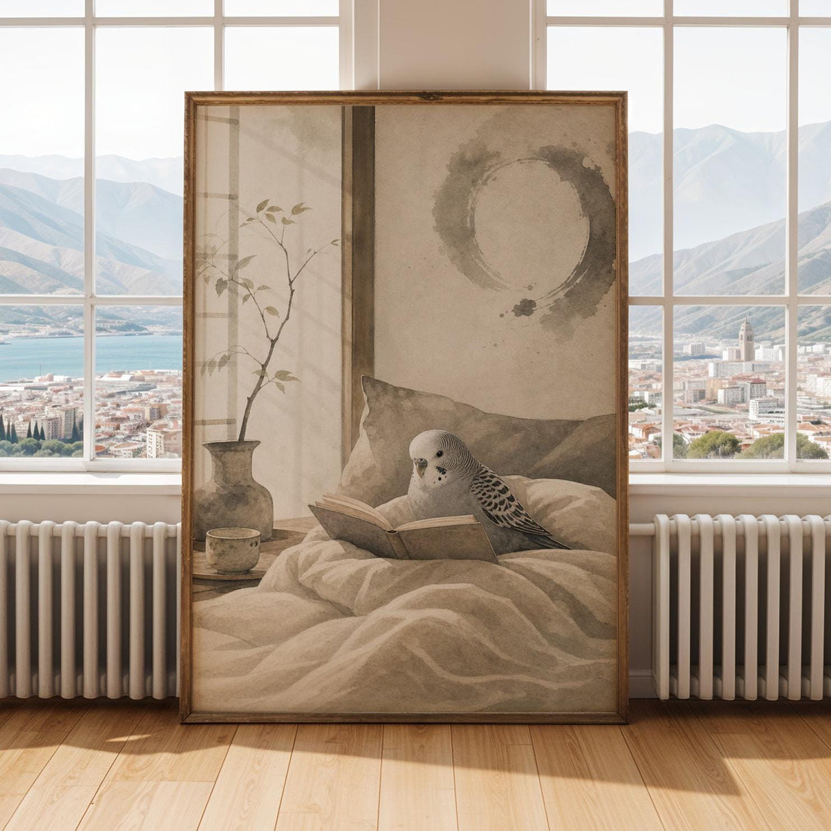 Product gallery view of Budgerigar Reading in Bed Poster.